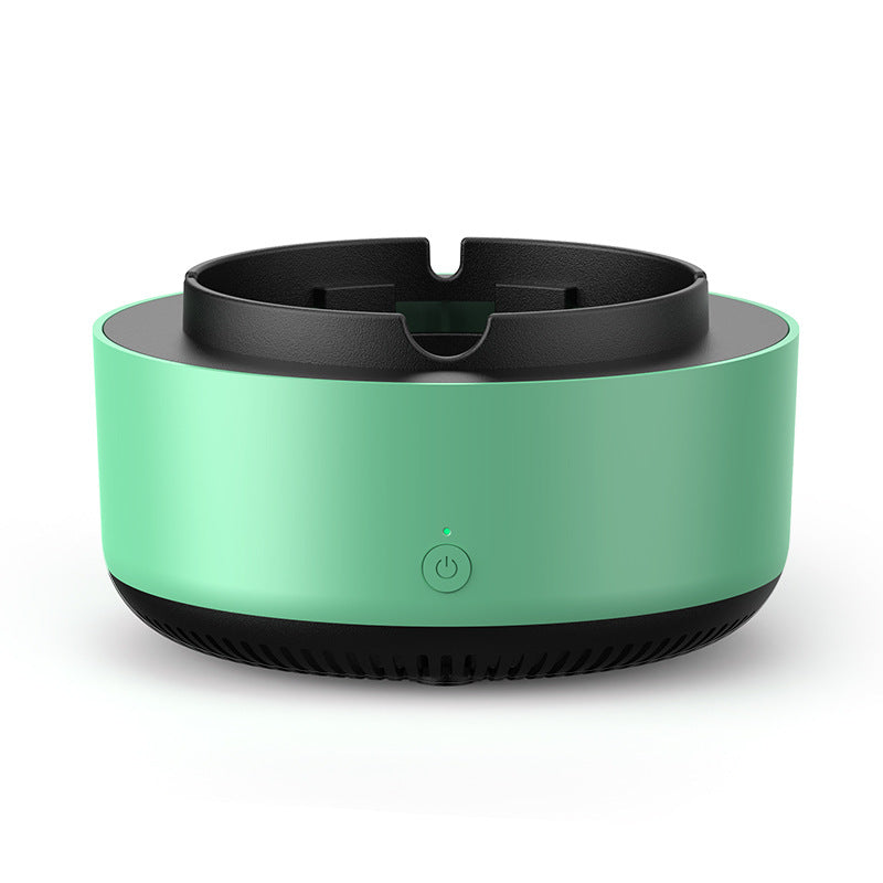 A green and black intelligent ash tray with a stylish modern design, featuring a power button on the front.