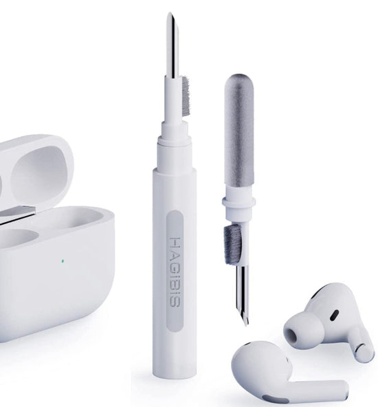 An airpod cleaning kit consisting of a white cleaning tool and a set of silicone tips, alongside a pair of airpods and their charging case.