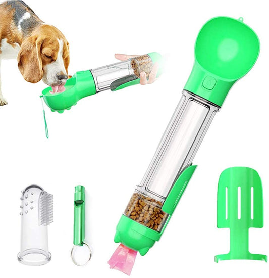 A multi-purpose dog bottle in green color shown in use with a dog drinking water from it, along with components such as a scooping brush and additional bottles.