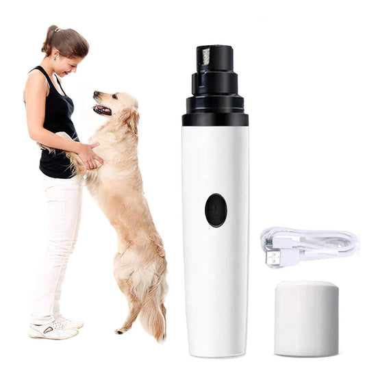 A pet nail grinder with a detachable part, displayed alongside a woman petting a dog, indicating use.