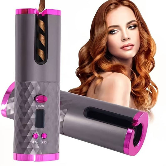 A portable hair curler with a pink and gray color scheme, shown alongside an image of a woman with curly hair, presumably the intended user of the product.